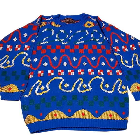 Marc Michel Other - Vintage Marc Michel New York Sweater Men Blue Geometric Knit Pullover